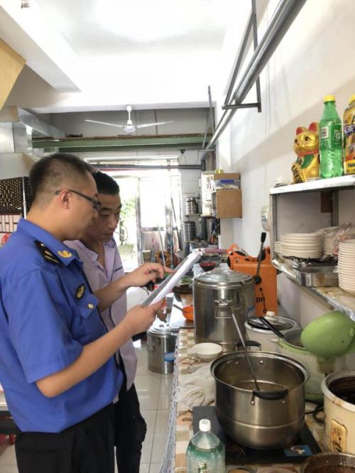綜合執(zhí)法人員對餐飲企業(yè)進行油煙污染檢查