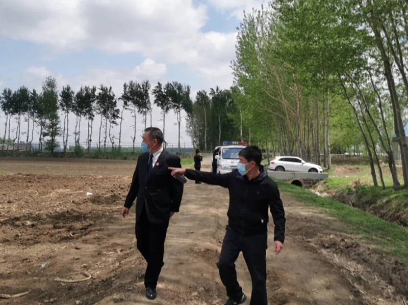 朱家房法庭孫玉兵庭長(zhǎng)帶工作人員下田間地頭了解情況1